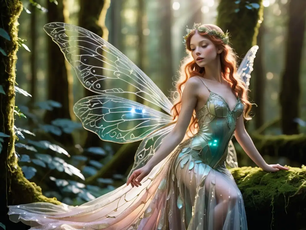 Encantadora hada en el bosque misterioso Una hermosa hada etérea con alas brillantes en un bosque misterioso