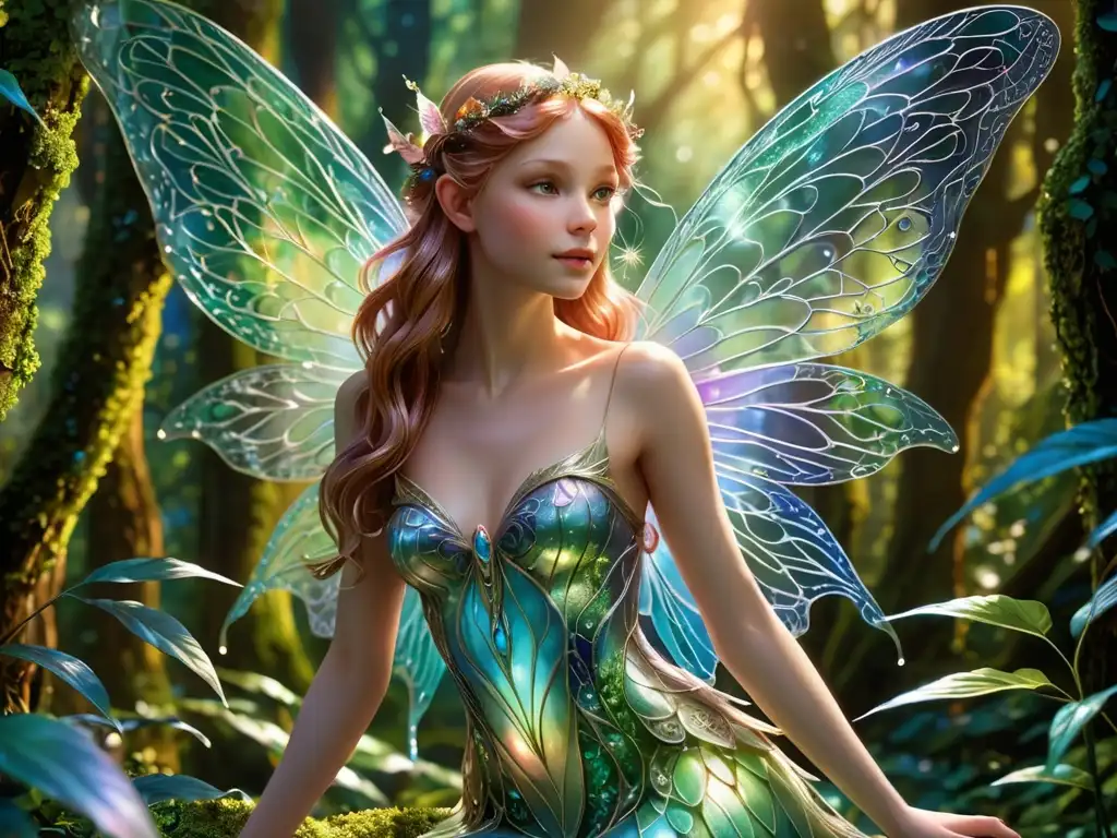 Hada brillante en mágico bosque encantado Una hermosa hada iridiscente en un bosque encantado, irradiando una serena belleza mística