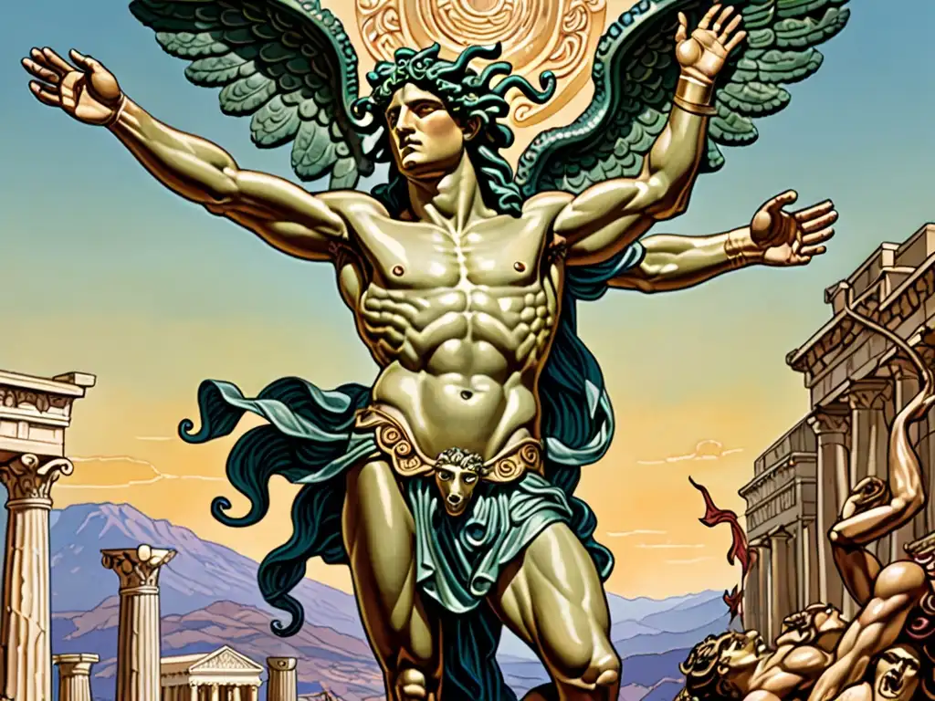 Perseo, el héroe griego, vence a Medusa, rodeado de paisaje petrificado