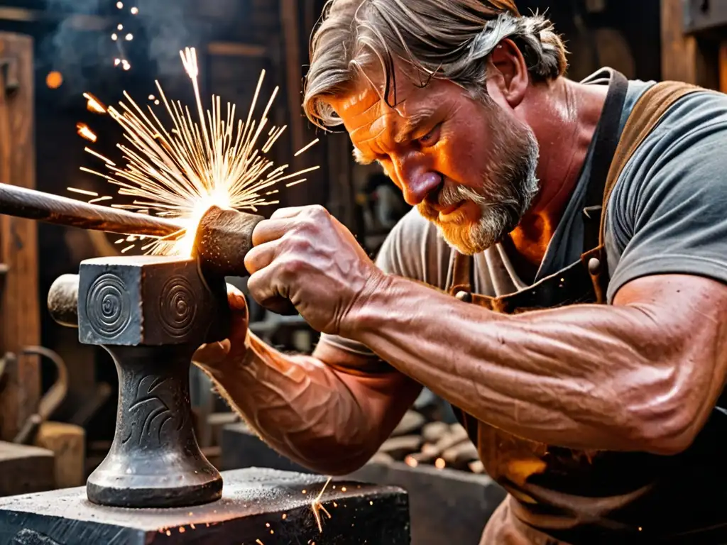 Un herrero forja el icónico martillo Mjolnir con chispas, calor intenso y concentración