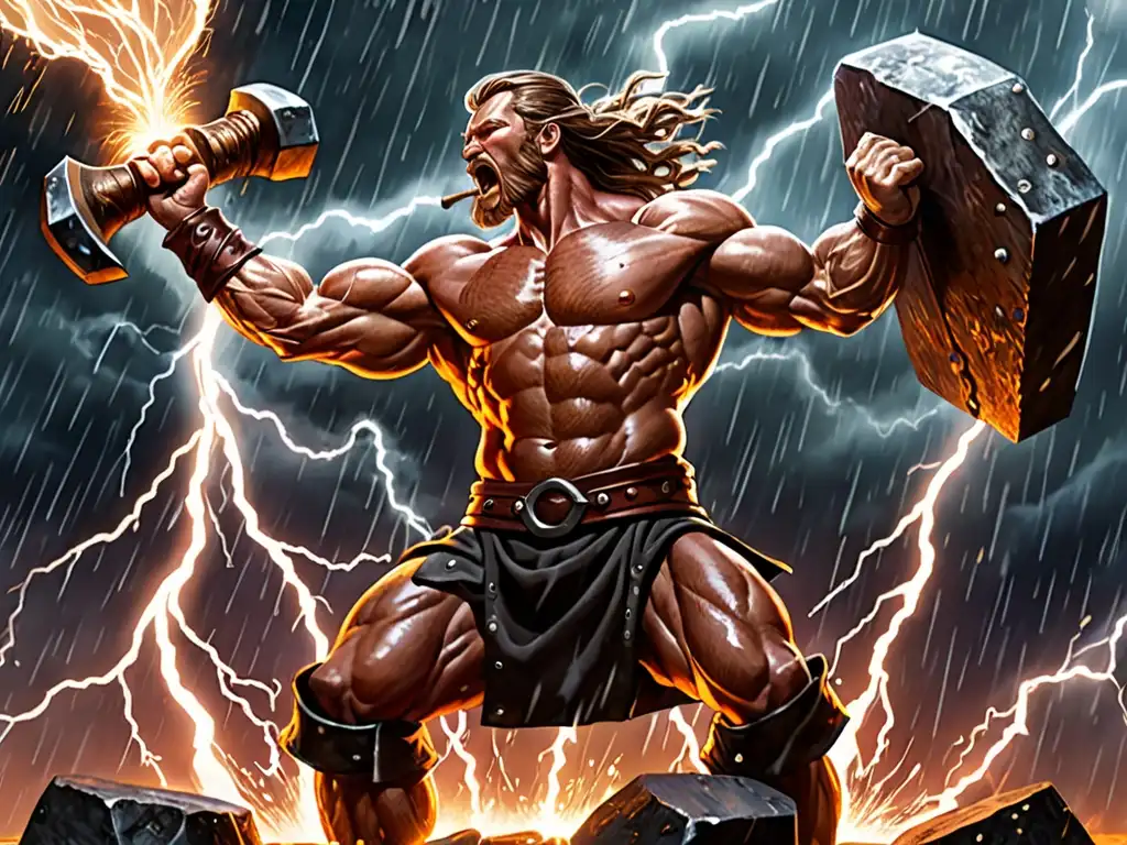 Un herrero nórdico forja el Mjolnir de Thor entre relámpagos y nubes tormentosas, emanando poder ancestral