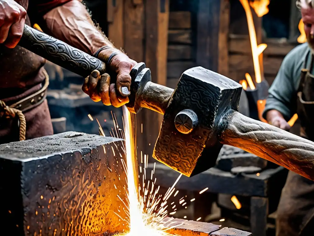 Un herrero vikingo forja con determinación el origen del Mjolnir de Thor en su taller, con chispas de metal fundido en el aire
