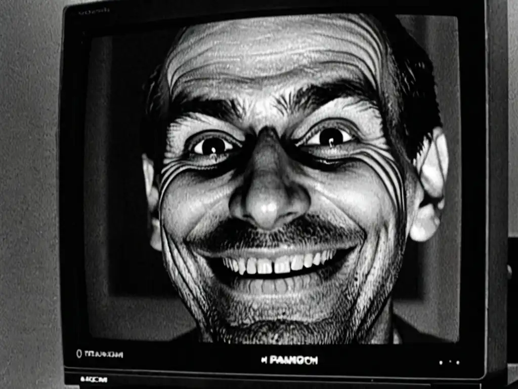 Hombre Sonriente leyenda terror online: Fotografía en blanco y negro de pantalla con imagen icónica