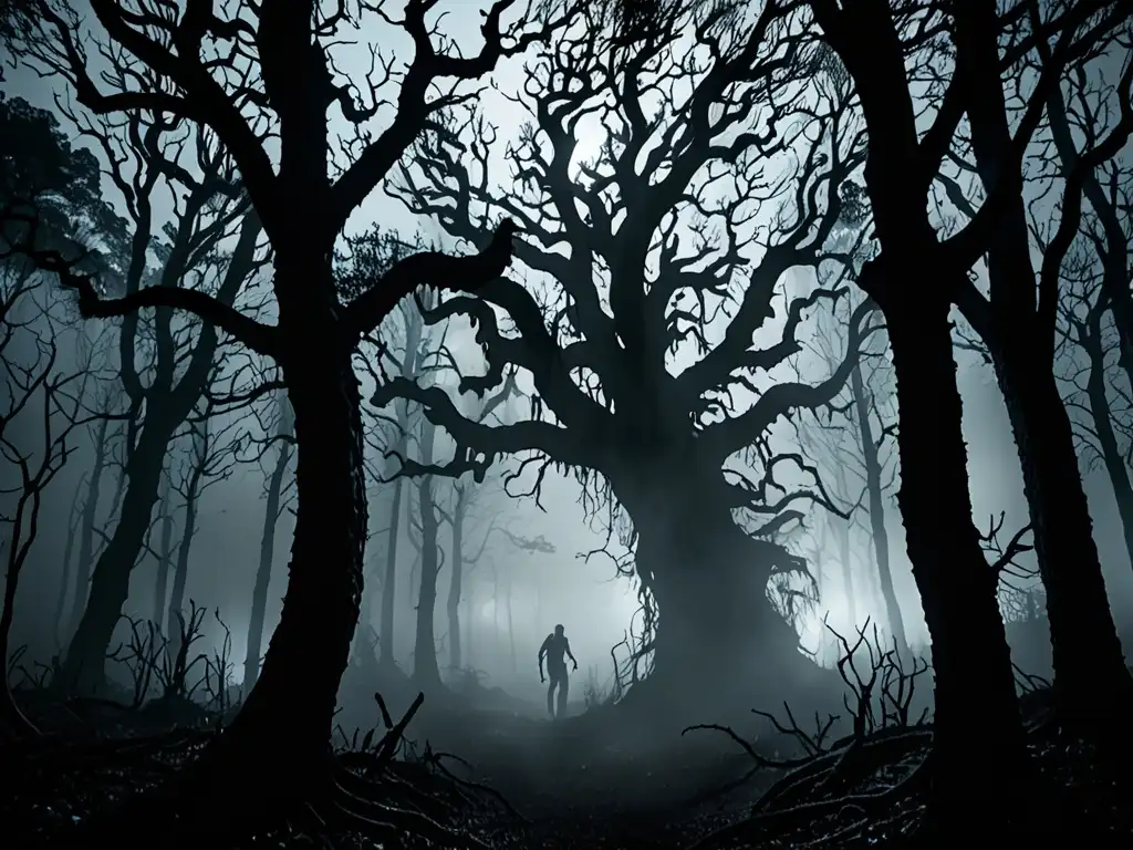 Hombre Sonriente, leyenda de terror online, en un bosque oscuro y neblinoso de noche, evocando misterio y miedo