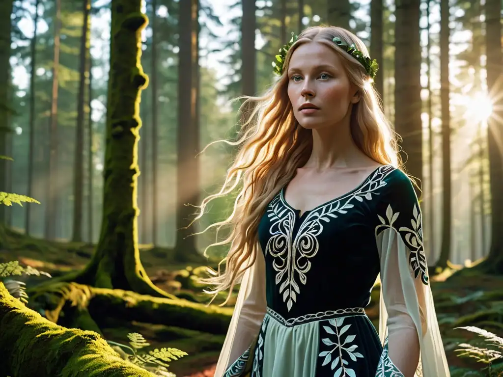 Huldra mujer en bosques escandinavos: imagen 8k detallada, luz filtrándose entre el dosel, mujer etérea y misteriosa en armonía con la naturaleza