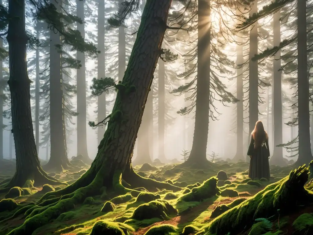 Huldra mujer en bosques escandinavos, entre la neblina, bajo la luz del sol en un bosque de pinos antiguos