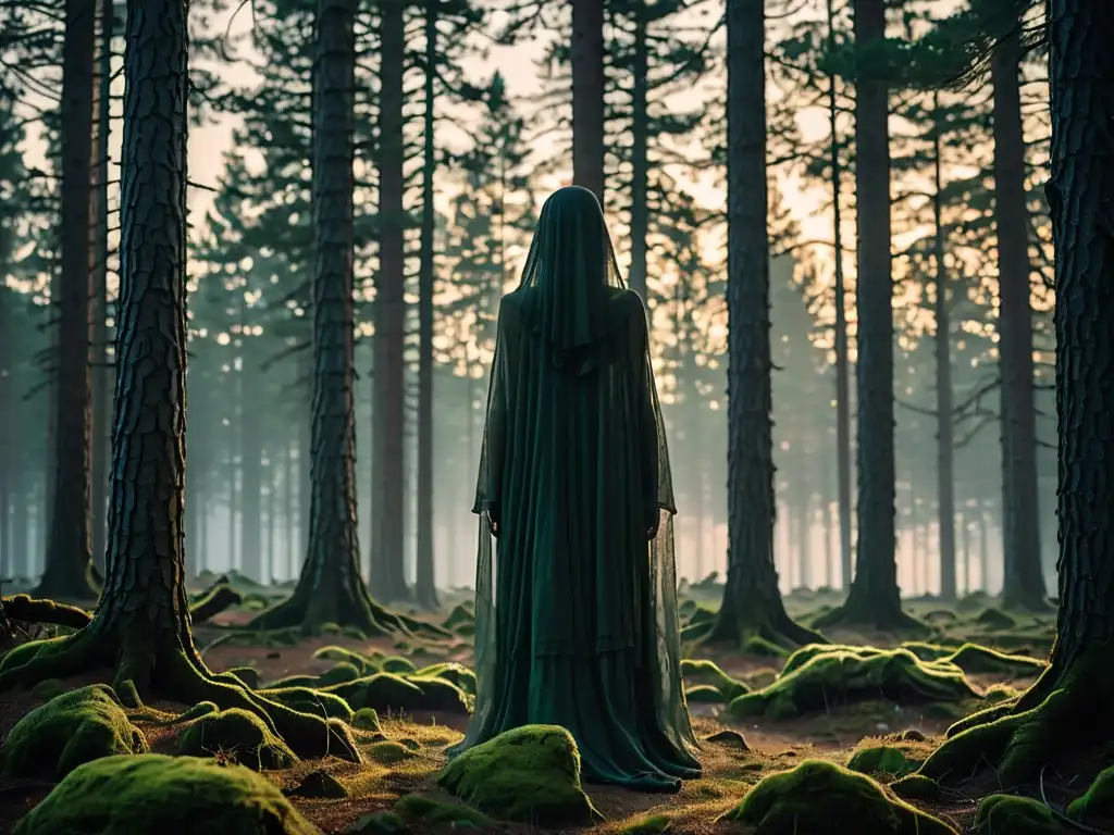 Huldra mujer en misterioso bosque escandinavo al anochecer, entre sombras de altos pinos