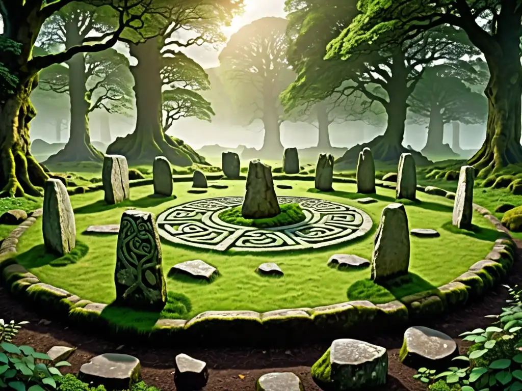 Una ilustración detallada de un antiguo círculo de piedra celta cubierto de musgo, con piedras erosionadas y tallados intrincados