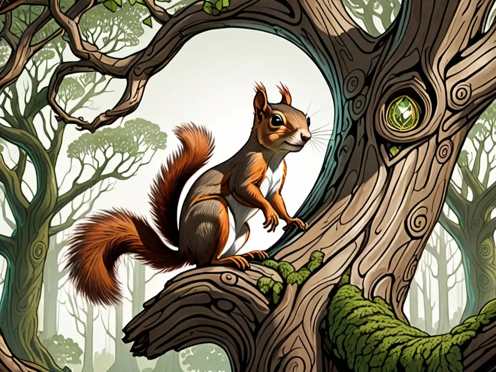 Una ilustración detallada de Ratatoskr, la ardilla mensajera, en una rama de Yggdrasil, capturando la esencia mítica y natural de la historia