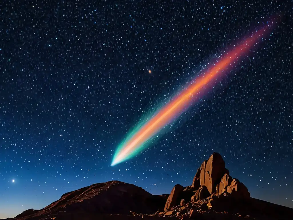 Una ilustración detallada de un cometa surcando el cielo nocturno, con una cola brillante y el cuerpo celestial