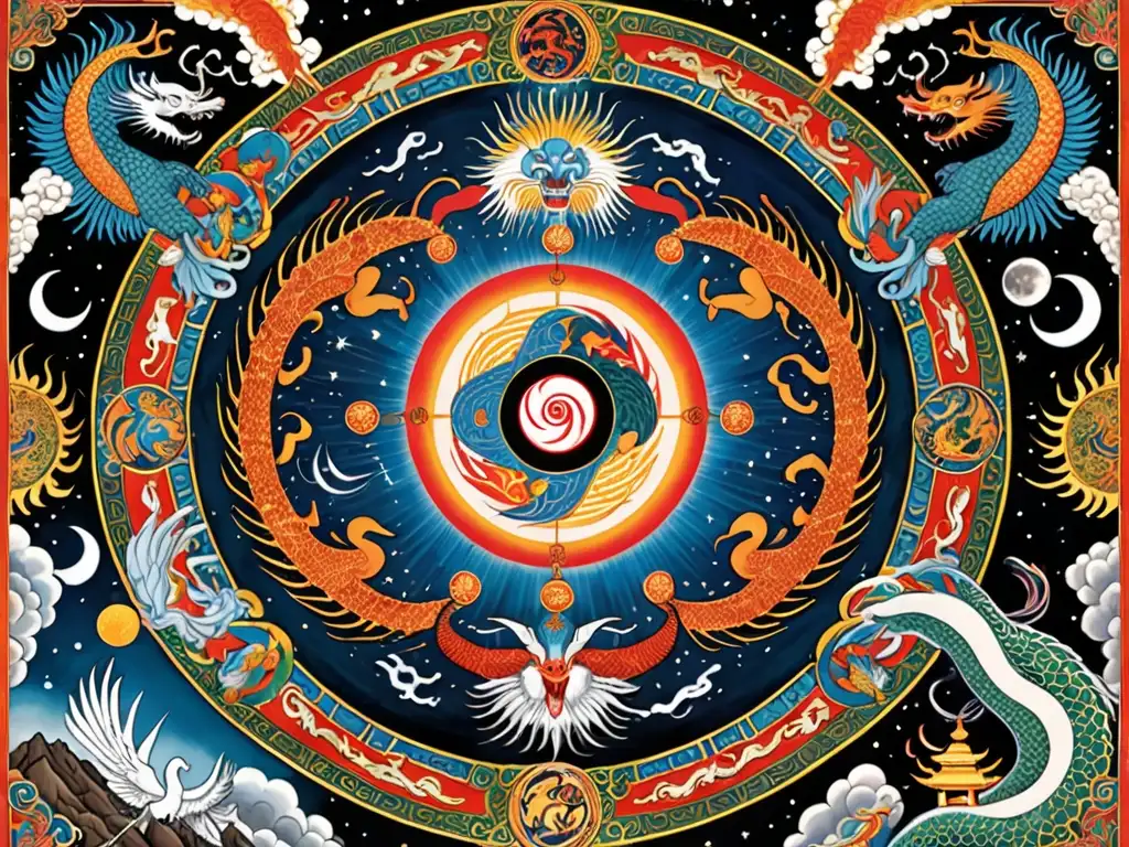 Una ilustración detallada estilo documental de una batalla celestial entre fuerzas opuestas, representando los mitos de creación zoroástricos y taoístas