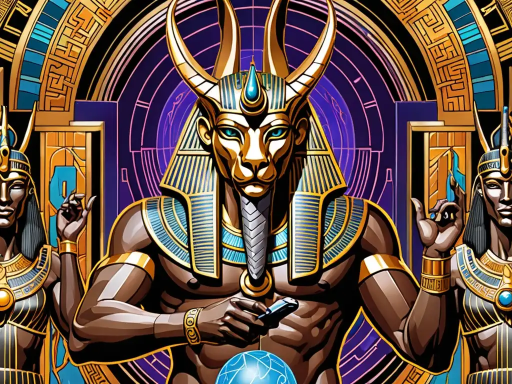 Una ilustración detallada fusiona figuras mitológicas con tecnología moderna, simbolizando el resurgimiento de mitos antiguos en la era digital