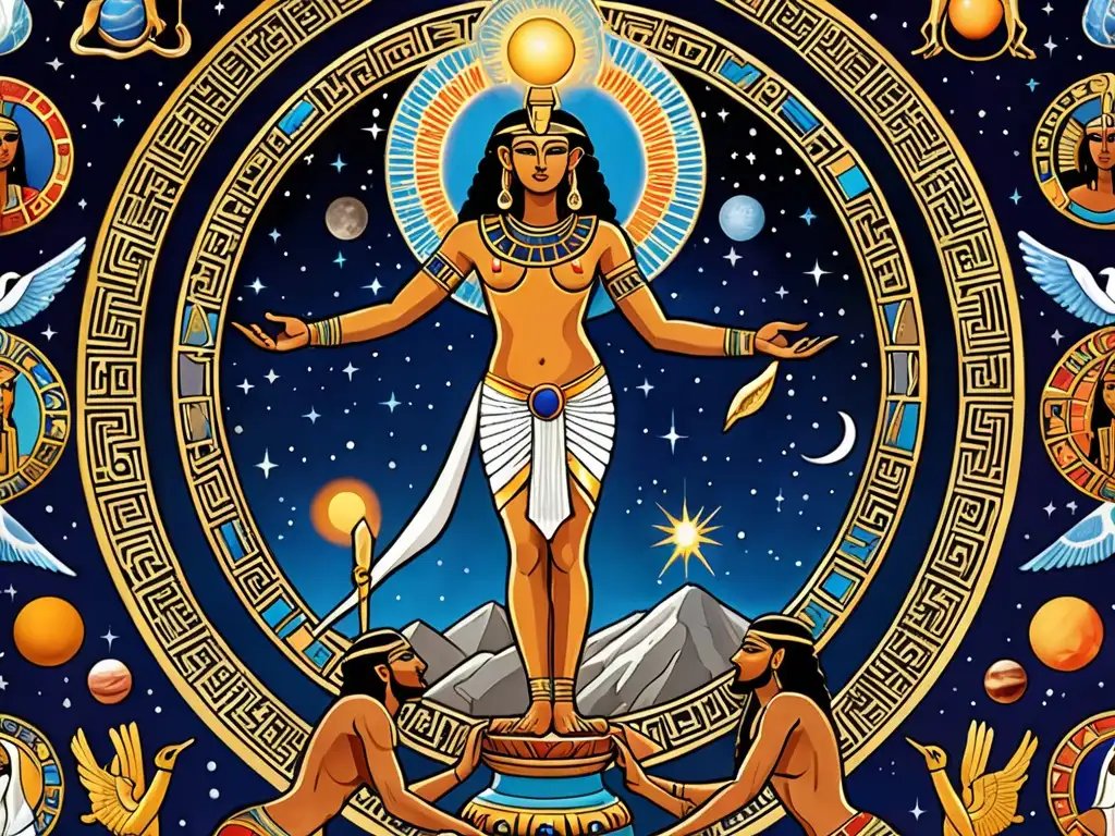 Una ilustración detallada de figuras mitológicas antiguas, deidades egipcias y elementos cósmicos, evocando la influencia de los mitos en el futuro