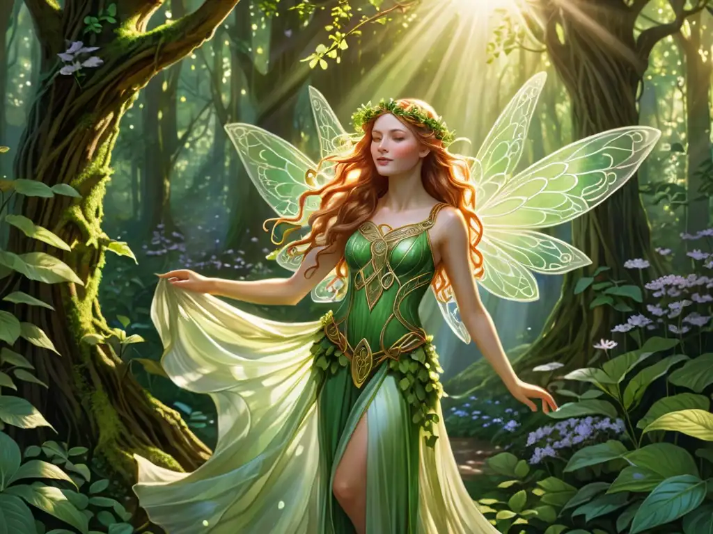 Una ilustración detallada de una hada de la mitología celta, rodeada de flora mágica en un bosque