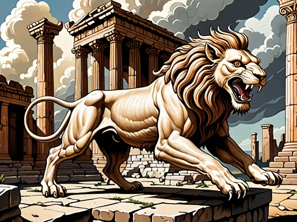 Una ilustración detallada de la mítica criatura conocida como la Quimera, con cuerpo de león, cabeza de cabra y cola de serpiente