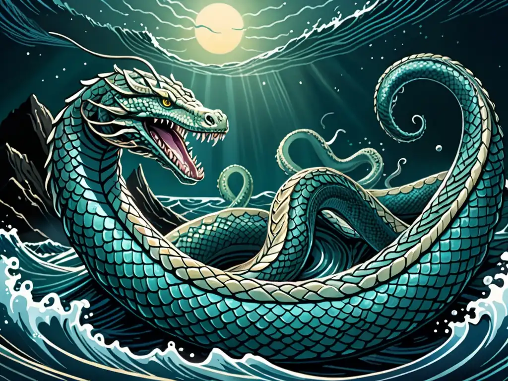 Una ilustración detallada de la serpiente monstruosa Jormungandr en el océano de Midgard, con escamas intrincadas y un aura misteriosa