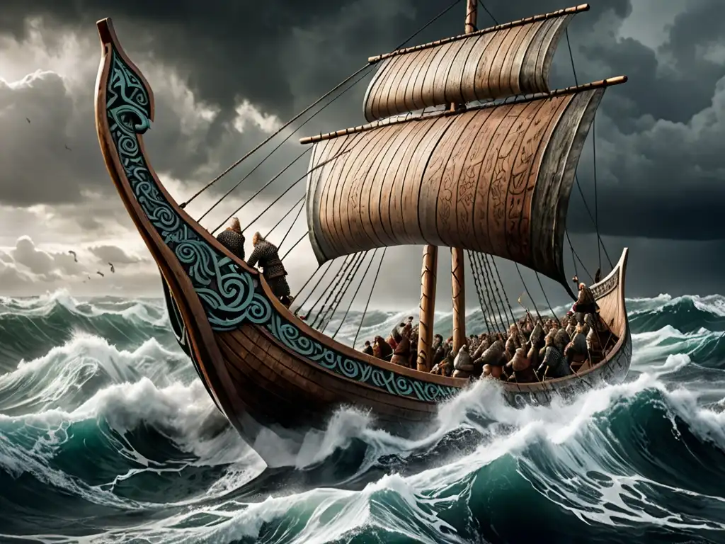 Una ilustración detallada de un drakkar vikingo en alta mar, con guerreros y decoraciones de dragón, capturando la fidelidad mitológica en Vikingos