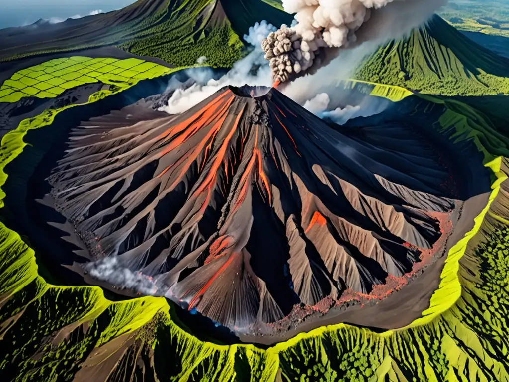 Imagen aérea impactante de un majestuoso volcán, con un velo de vapor y vegetación exuberante, evocando mitos de creación en volcanes
