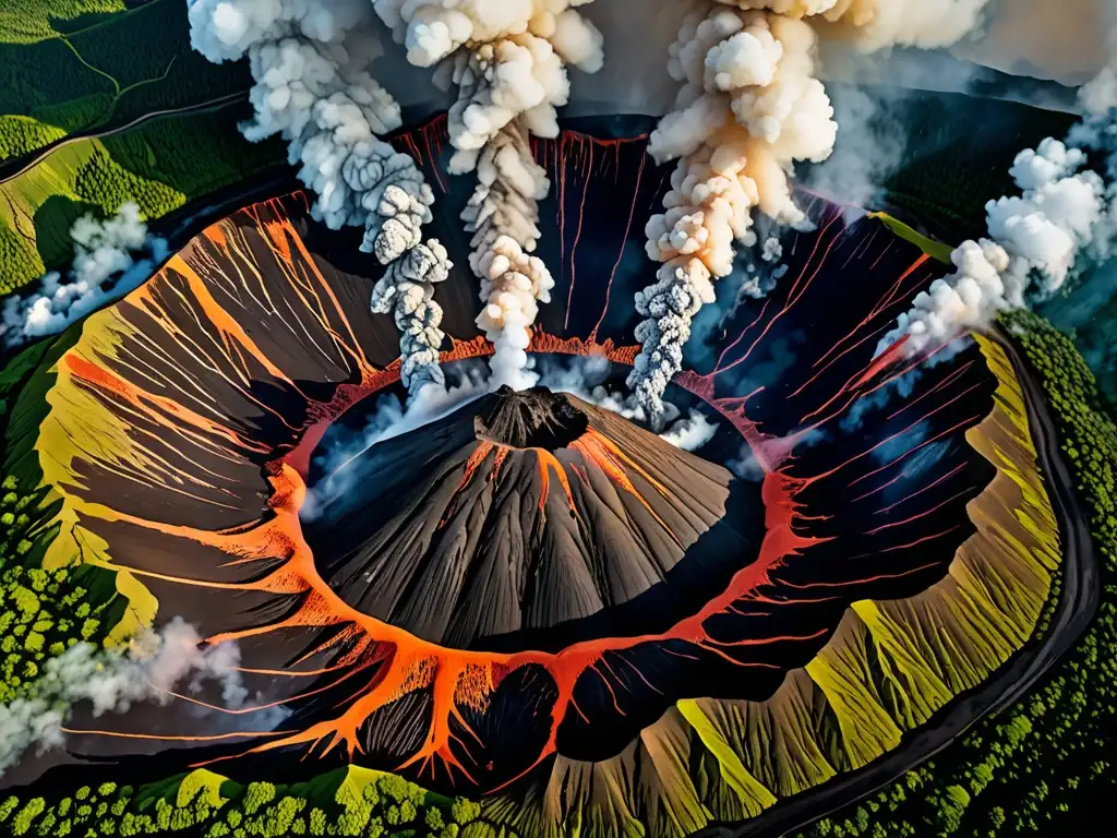 Imagen aérea de un volcán activo rodeado de exuberante vegetación, con humo y ceniza emergiendo