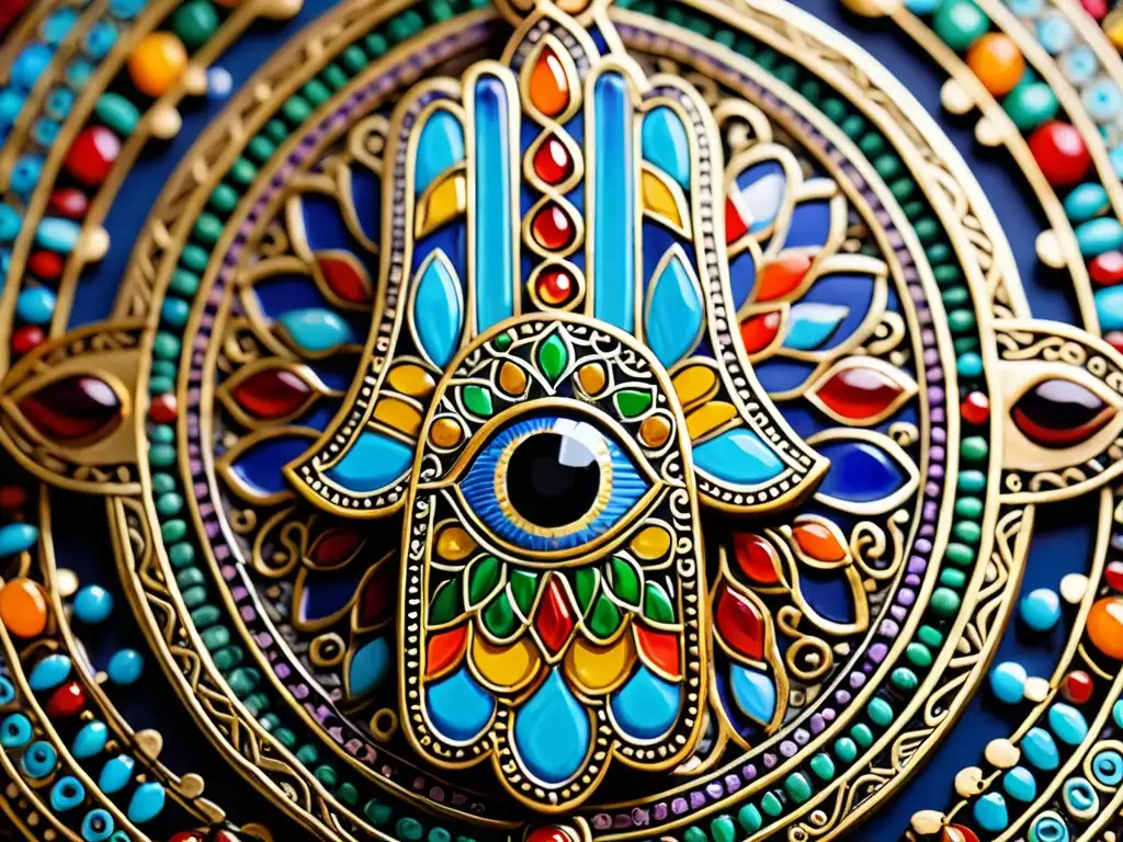 Una imagen en alta definición de un amuleto protector Mano de Fátima, con colores vibrantes y patrones detallados