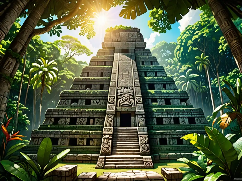 Imagen de una antigua pirámide maya en la selva, con aves tropicales y misterio ancestral, ideal para aventura gráfica y mitología
