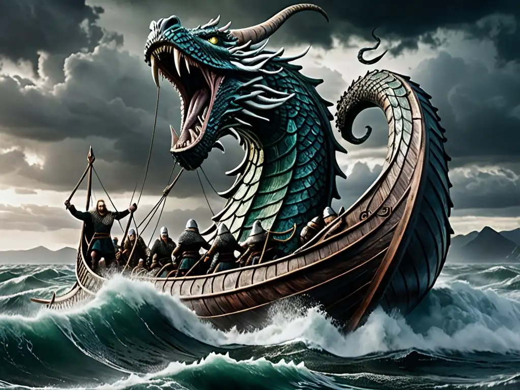 En la imagen se ve un antiguo barco vikingo desafiando a la serpiente del océano Midgard en medio de una tormenta