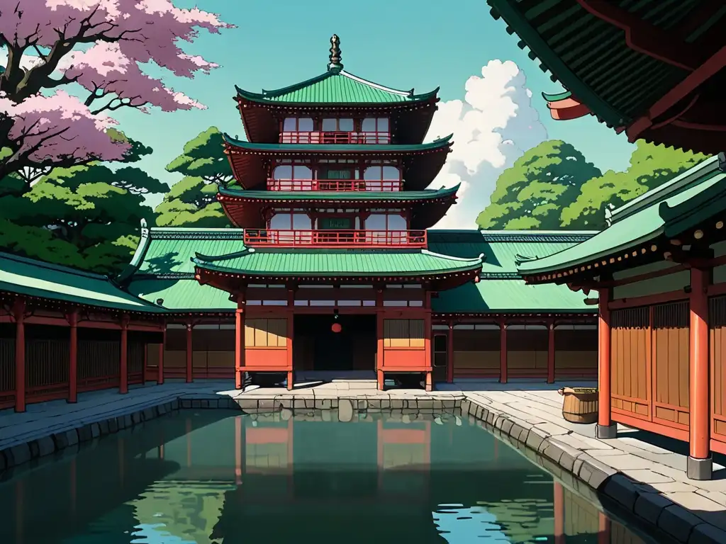 Imagen de alta resolución del baño público de 'El Viaje de Chihiro', mostrando detalles arquitectónicos, actividad de espíritus y juego de luz y sombra