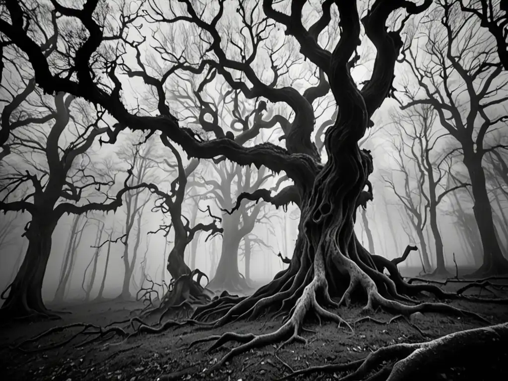Imagen en blanco y negro de un bosque denso envuelto en niebla al anochecer, evocando el misterio de los changelings en leyendas europeas