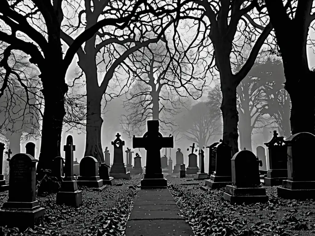 Imagen en blanco y negro del enigmático cementerio de Highgate en Londres