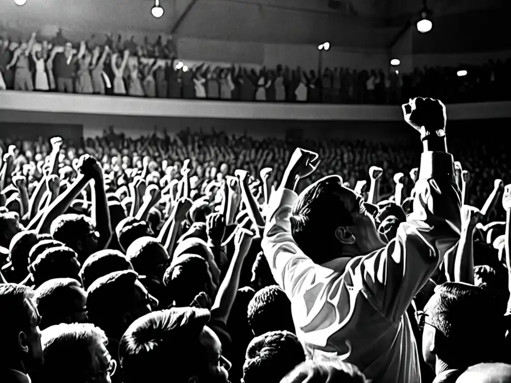 Imagen en blanco y negro de un mitin político con un líder carismático hablando apasionadamente ante una multitud, con un puño en alto proyectando una sombra dramática en la pared