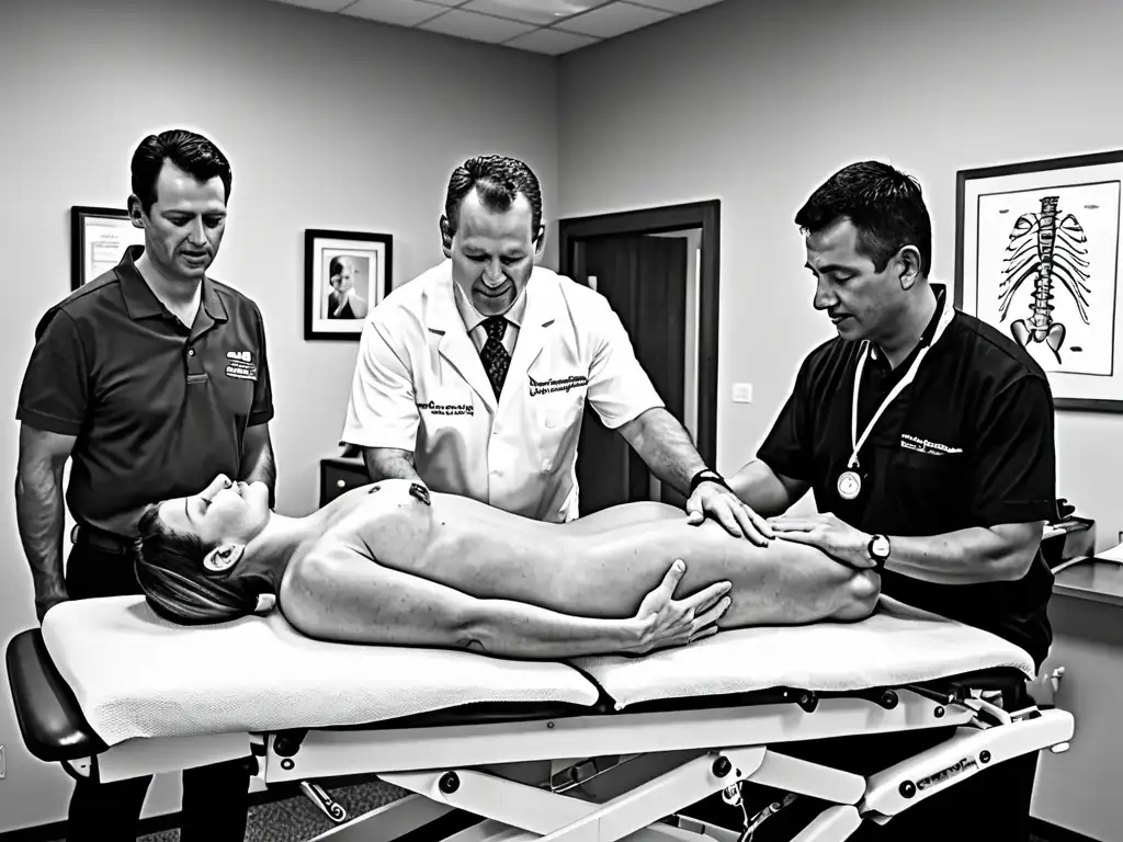 Imagen en blanco y negro de quiropráctica con expresiones enfocadas, reflejando confianza y conocimiento