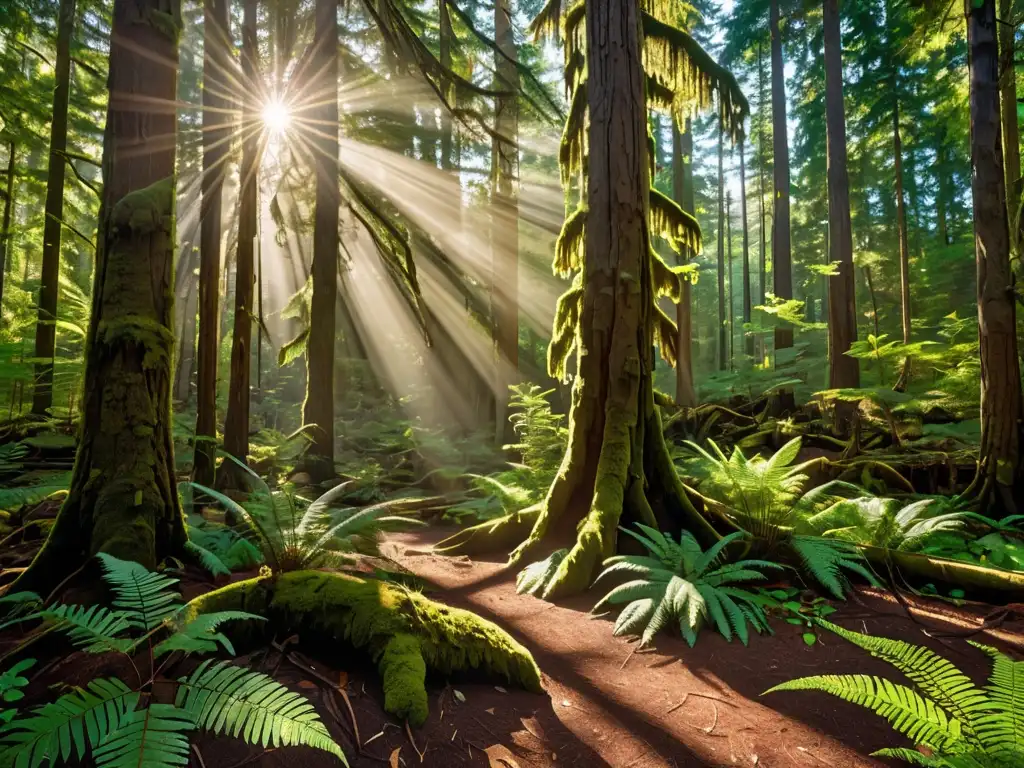 Imagen de un bosque antiguo y denso, con árboles majestuosos y un resplandor etéreo
