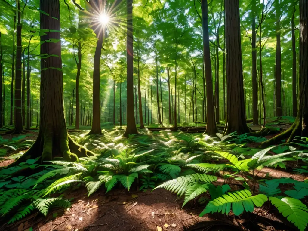 Imagen de un bosque exuberante con luz solar filtrándose a través del dosel, creando sombras moteadas en el suelo