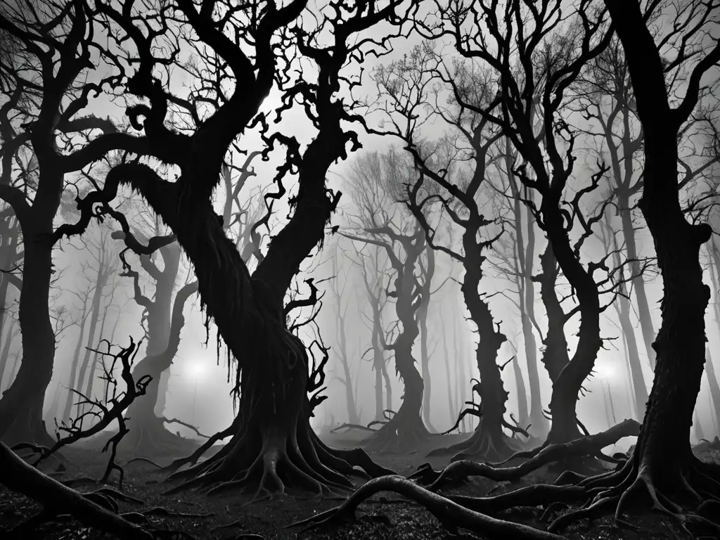 Imagen de un bosque tenebroso y neblinoso de noche, con árboles retorcidos y la silueta de una figura, evocando el origen y evolución de creepypastas