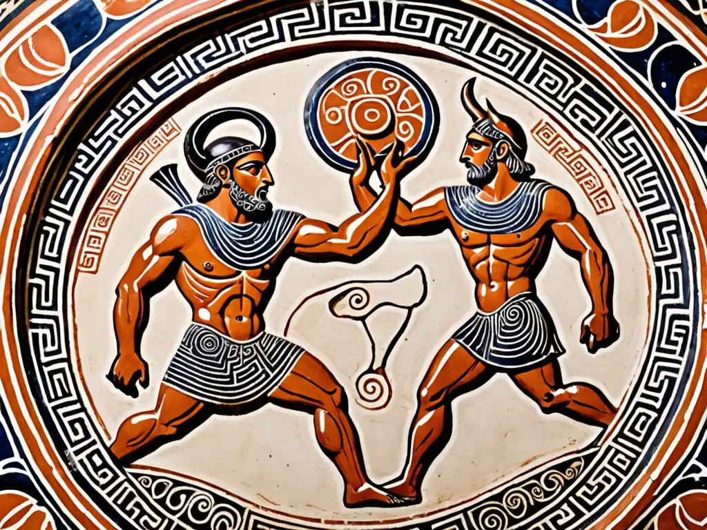 Imagen de cerámica griega antigua: el mito de Teseo y el Minotauro, con detalles del laberinto y la batalla, evocando la tensión y el drama