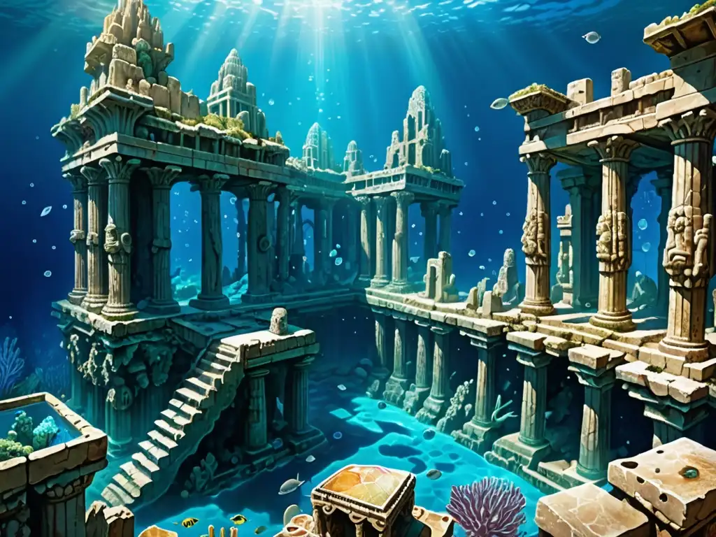 Imagen de una ciudad hundida bajo el océano, con cristales de Atlántida emitiendo un suave resplandor, revelando antiguas ruinas y tecnología avanzada
