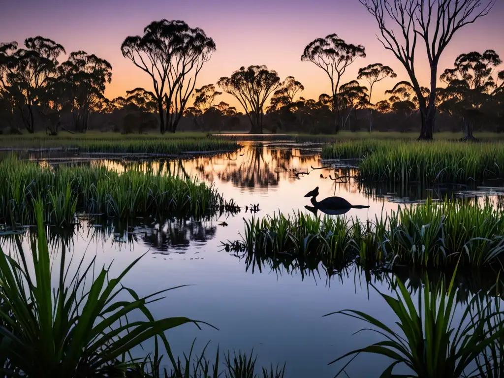 Misterioso Bunyip emerge de billabong al atardecer Imagen del crepúsculo en un billabong australiano con la silueta de un Bunyip emergiendo del agua
