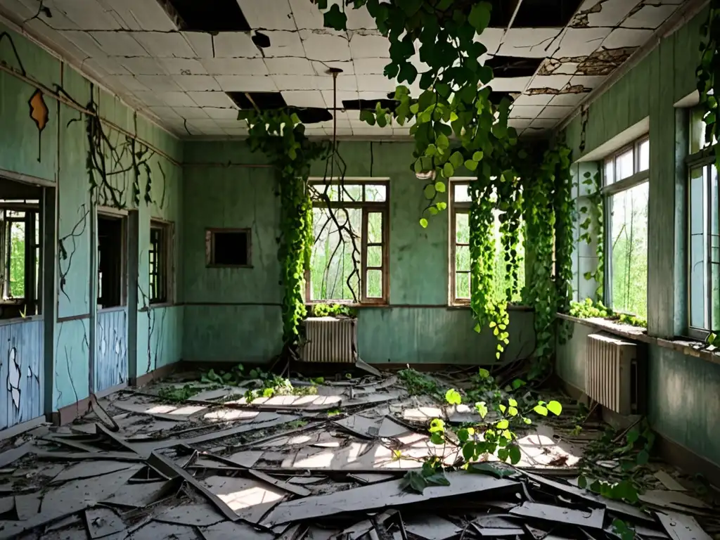 Ruinas de Chernobyl: Belleza desoladora Imagen desoladora de un edificio abandonado en Chernóbil, con luces filtrándose entre ventanas rotas