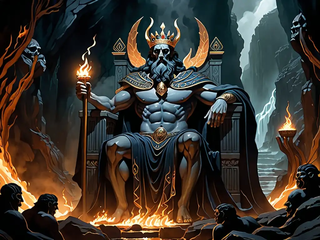 Imagen detallada del antiguo dios griego Hades en su trono en el oscuro y misterioso inframundo, rodeado de antorchas titilantes y espíritus sombríos