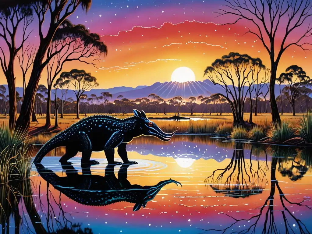 Majestuoso bunyip y serpiente arcoíris: la mística del outback australiano Imagen detallada del outback australiano al atardecer con un majestuoso bunyip emergiendo de un billabong, junto a una serpiente arcoíris