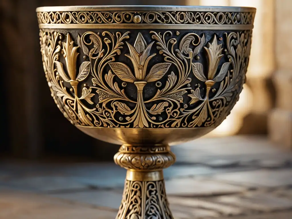 Una imagen detallada y envejecida del legendario Santo Grial, bañado en luz dorada, resalta su artesanía y misterio