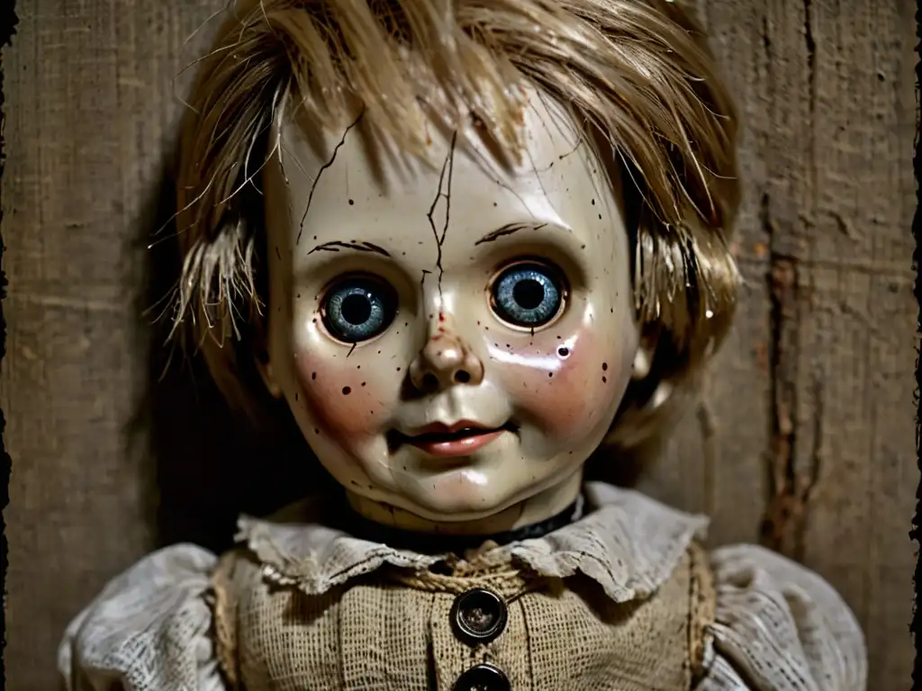 Una imagen detallada de la famosa Maldición de Robert the Doll, con sus ojos penetrantes siguiendo al espectador en la tenue iluminación