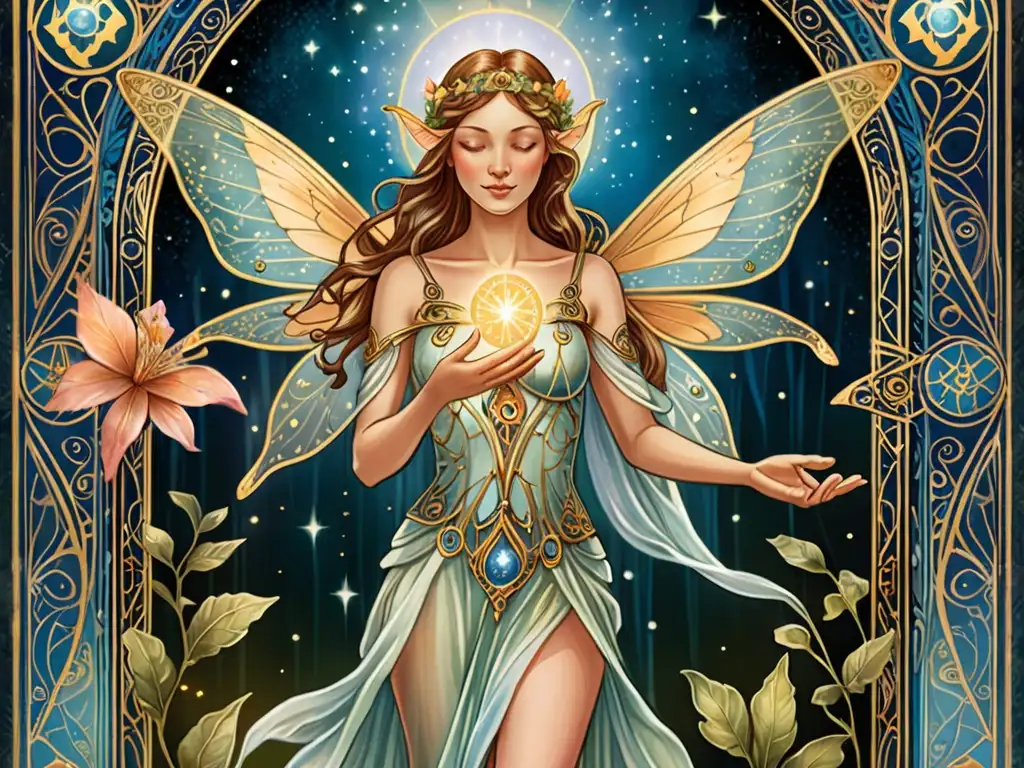 Una imagen detallada y mágica de una carta del tarot con hada, símbolos místicos y luz cálida