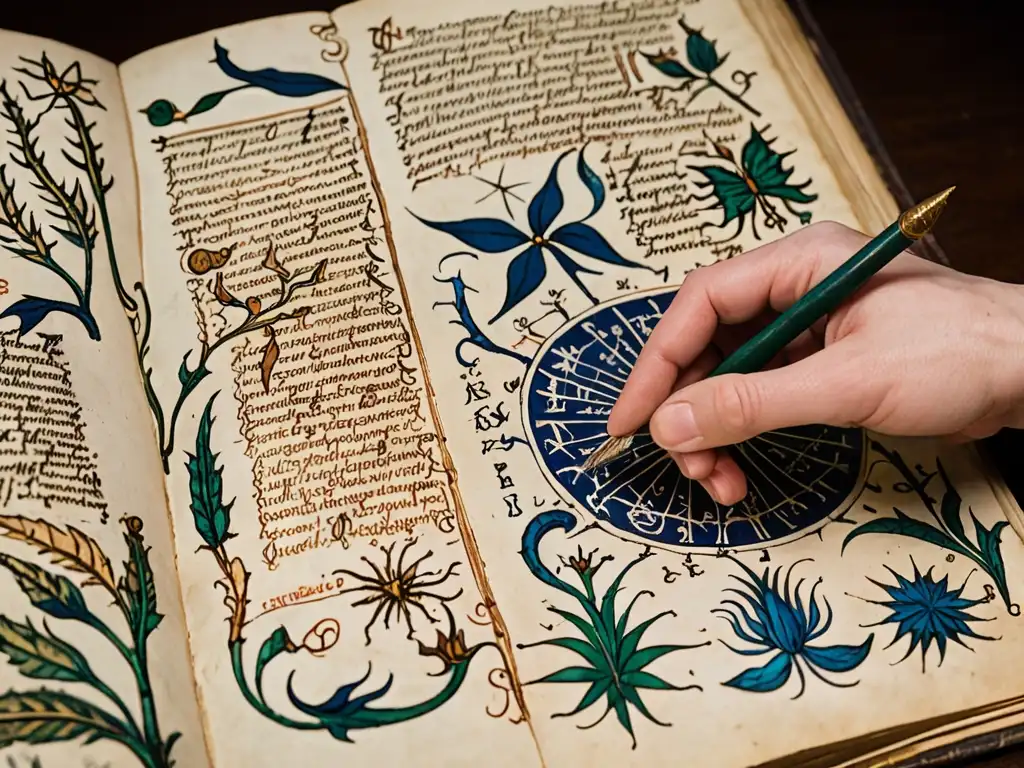 Una imagen detallada del misterioso libro de hechizos Voynich, con ilustraciones e texto en pergamino antiguo, destacando la naturaleza enigmática del manuscrito