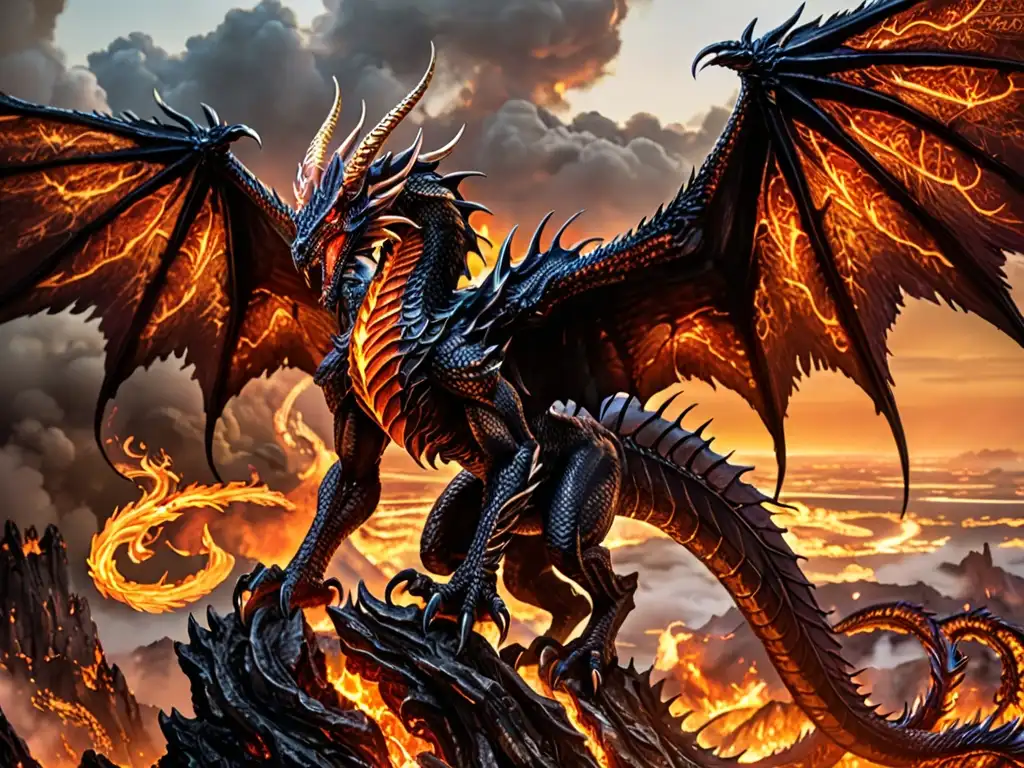 Imagen detallada de Bahamut, criatura mítica, en un paisaje apocalíptico