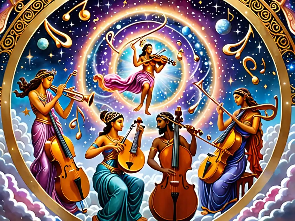 Una imagen 8k detallada de una orquesta celestial, con figuras mitológicas tocando instrumentos en un escenario cósmico y etéreo