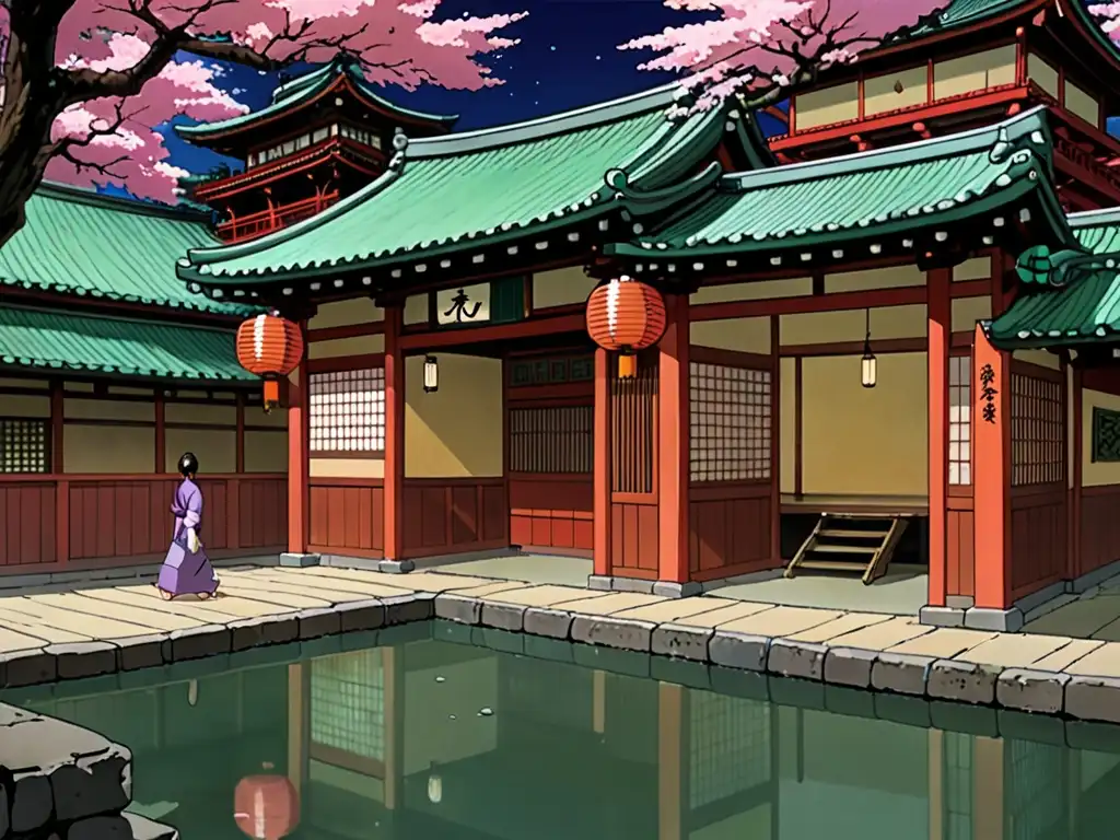 Imagen detallada del icónico baño de la película 'El Viaje de Chihiro', con espíritus y mitos en el cine japonés, en una escena vibrante y misteriosa