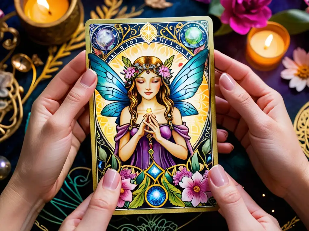 Imagen detallada de tarjeta de tarot con hada, manos y símbolos místicos, creando un aura de misterio y significado hadas tarot lectura cartas