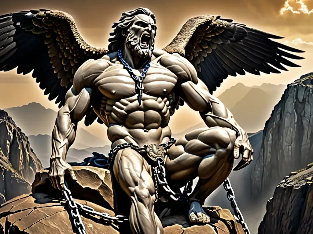 Imagen detallada de la tortura de Prometeo, encadenado a una roca mientras un águila se alimenta de su hígado