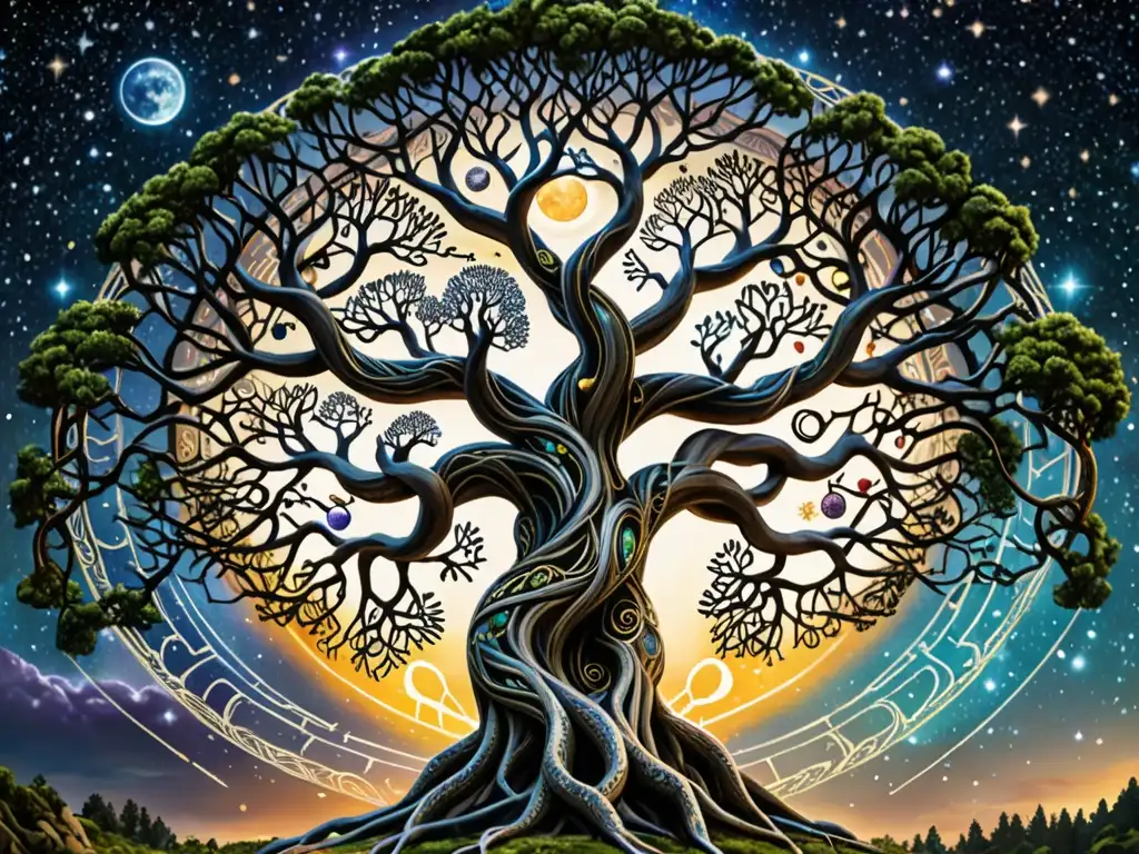 Yggdrasil: Árbol cósmico de la mitología nórdica en 8K Imagen 8k detallada del Yggdrasil, el árbol cósmico de la mitología nórdica, con sus ramas retorcidas alcanzando el cielo y conexiones cósmicas